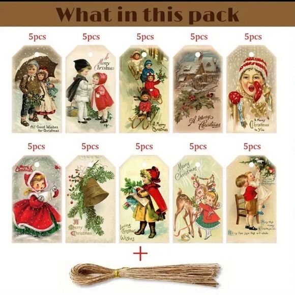 50 Gift Tags Vintage Style Merry Christmas Wishes Paper Blessing Cards w/ Twine - Picture 6 of 8